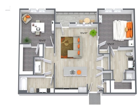 Floor plan for 2 beds, 2 baths, 1129 sqft